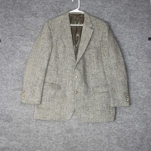 Vintage 80s Harris Tweed Blazer Mens 50 Gray Herringbone Scottish Wool Handwoven